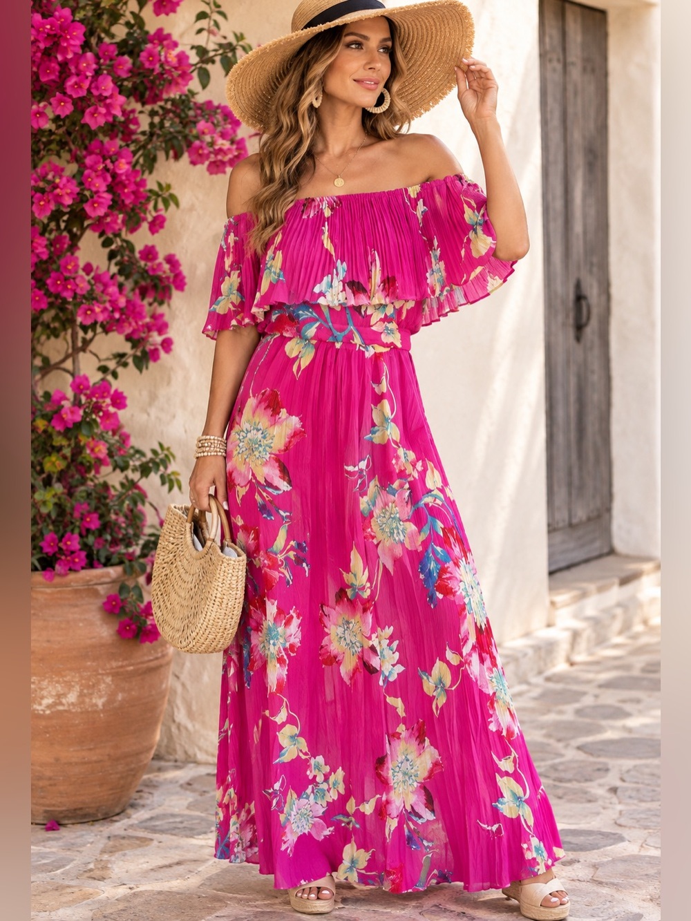 Maxi dress long gown pink floral open shoulders Hawaiian tropical pleated size 8